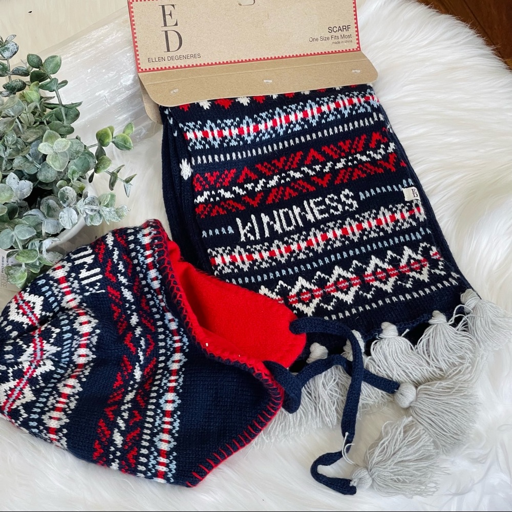 ♥️ELLEN DENGENERES hat and scarf fringe Pom Pom SET KINDNESS Navy Red Set - Picture 9 of 10